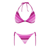 fuchsia bands print Buckle Front Halter Bikini Swimsuit (Model S08) - Objet D'Art