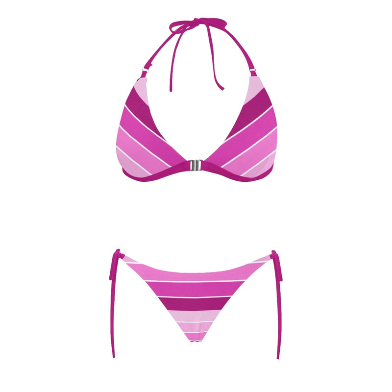 fuchsia bands print Buckle Front Halter Bikini Swimsuit (Model S08) - Objet D'Art
