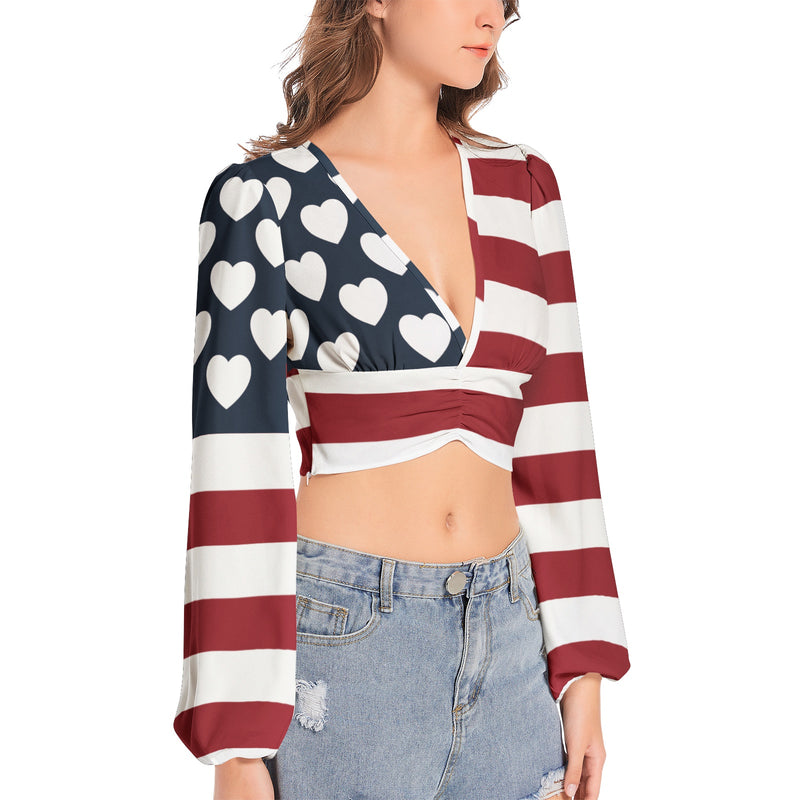 Americana USA Women's Deep V-Neck Lantern Sleeve Crop Top - Objet D'Art