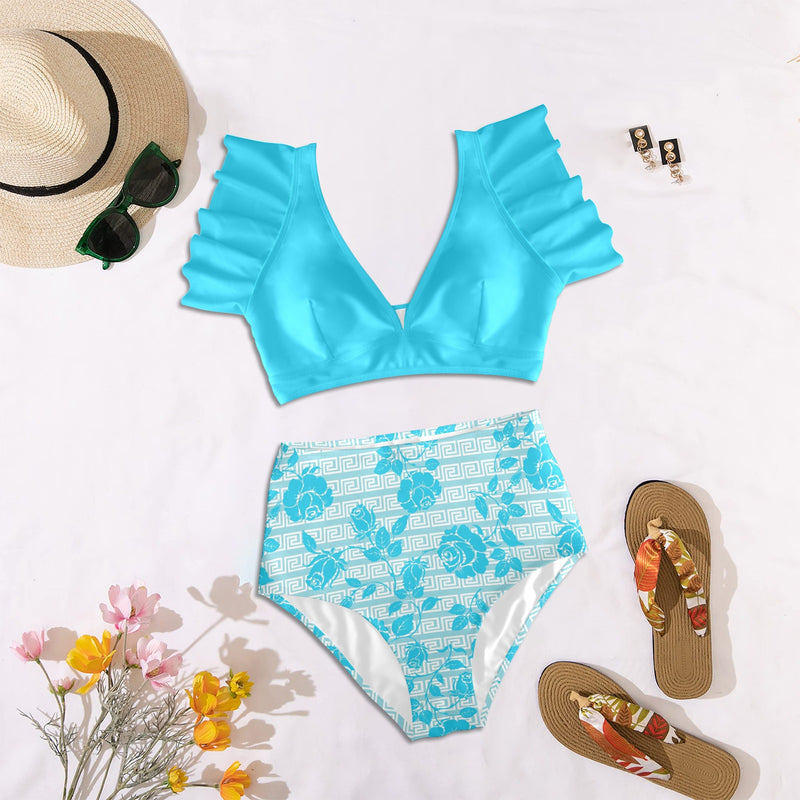 greek roses in blue print Women's Ruffle Sleeve Bikini Swimsuit (Model S42) - Objet D'Art