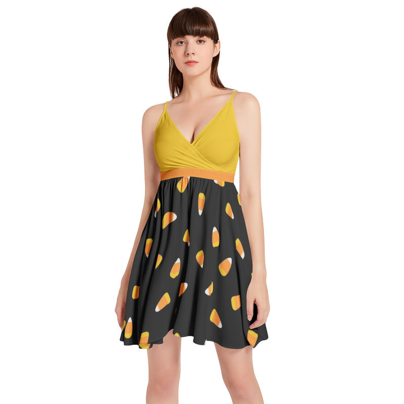 Candy Corn Spaghetti Strap Sleeveless Falred Hem Short Dress - Objet D'Art