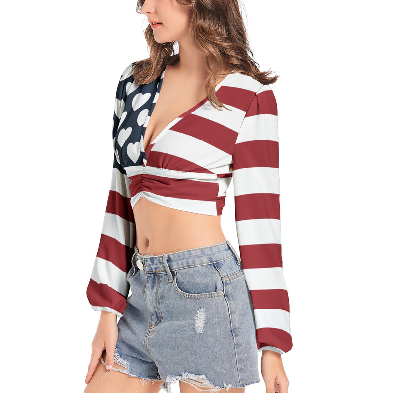 Americana USA Women's Deep V-Neck Lantern Sleeve Crop Top - Objet D'Art