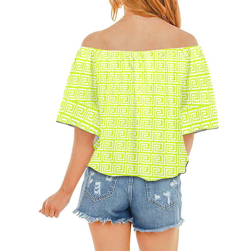 white neon green greek key print Off Shoulder Knot Front Blouse (Model T71) - Objet D'Art