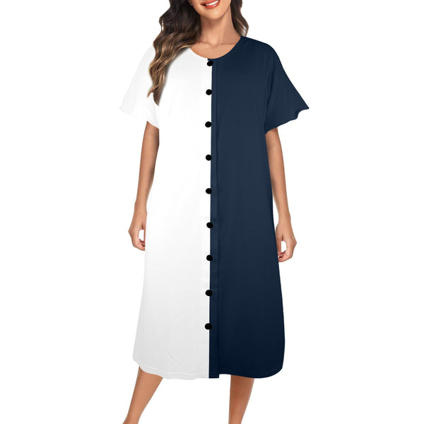 blue and white solid half Women's Button Front House Dress - Objet D'Art