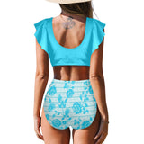 greek roses in blue print Women's Ruffle Sleeve Bikini Swimsuit (Model S42) - Objet D'Art