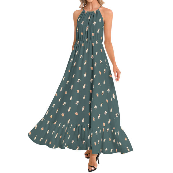 Cats Ruffle Hem Halter Neck Maxi Dress - Objet D'Art