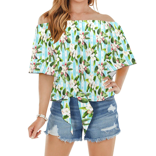 apple blossom print striped arrow Off Shoulder Knot Front Blouse (Model T71) - Objet D'Art