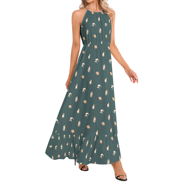 Cats Ruffle Hem Halter Neck Maxi Dress - Objet D'Art