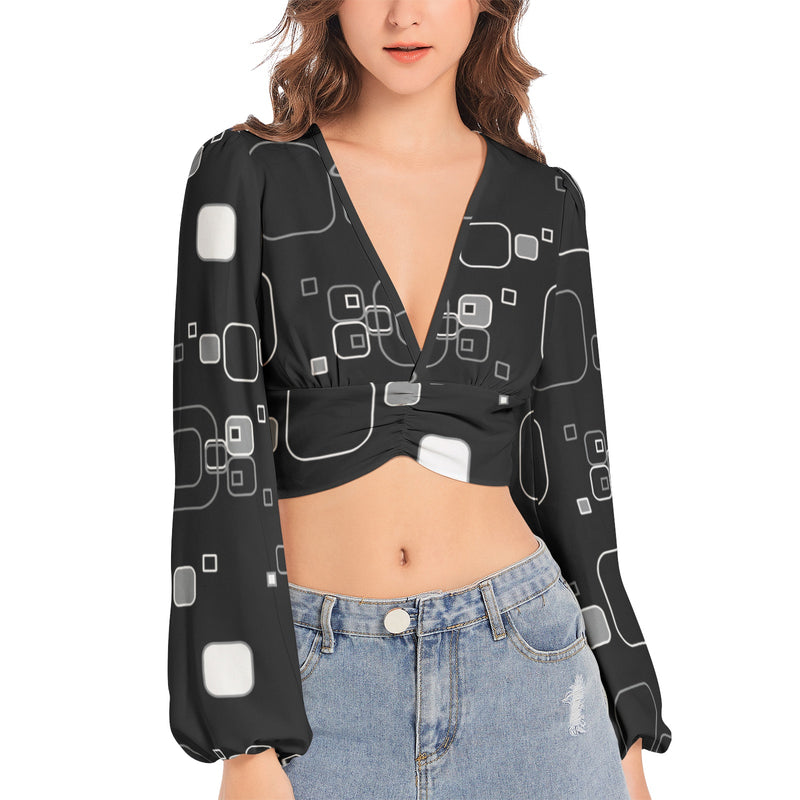 Women's Deep V-Neck Lantern Sleeve Crop Top - Objet D'Art