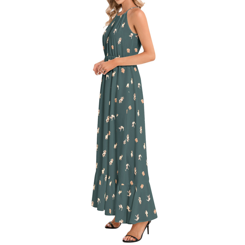 Cats Ruffle Hem Halter Neck Maxi Dress - Objet D'Art