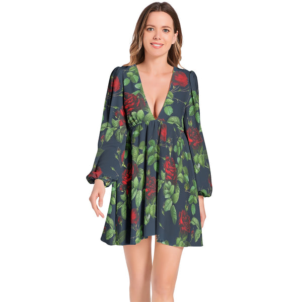 Lantern Sleeve Deep V-Neck Short Dress - Objet D'Art