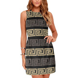 brown beige greek key print 10A Eos Women's Sleeveless Dress (Model D01) - Objet D'Art