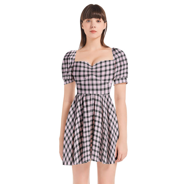 Gingham Puff Sleeve Sweetheart Neck Short Dress - Objet D'Art