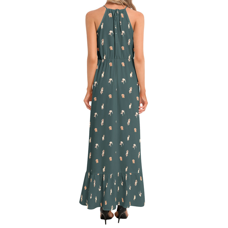Cats Ruffle Hem Halter Neck Maxi Dress - Objet D'Art
