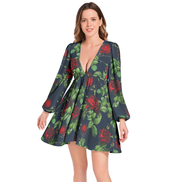 Lantern Sleeve Deep V-Neck Short Dress - Objet D'Art