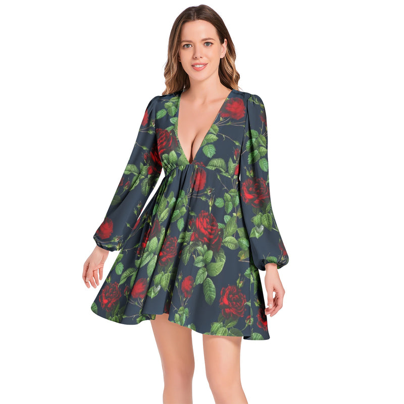 Lantern Sleeve Deep V-Neck Short Dress - Objet D'Art