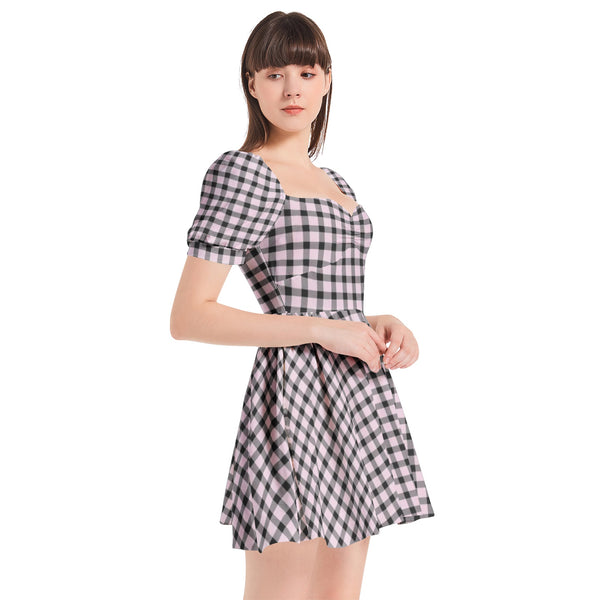 Gingham Puff Sleeve Sweetheart Neck Short Dress - Objet D'Art