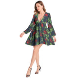 Lantern Sleeve Deep V-Neck Short Dress - Objet D'Art