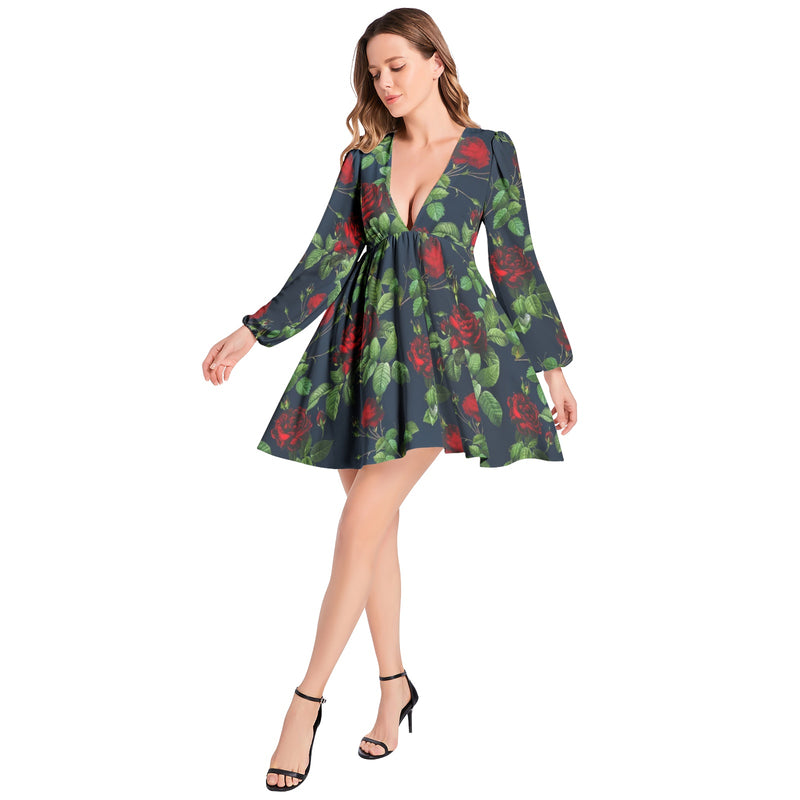 Lantern Sleeve Deep V-Neck Short Dress - Objet D'Art