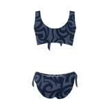 scroll blue print Bow Tie Front Bikini Swimsuit (Model S38) - Objet D'Art