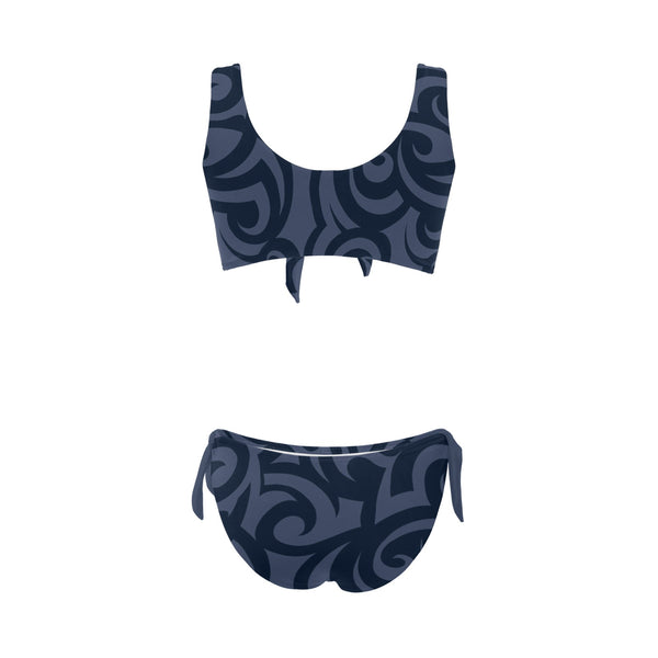 scroll blue print Bow Tie Front Bikini Swimsuit (Model S38) - Objet D'Art