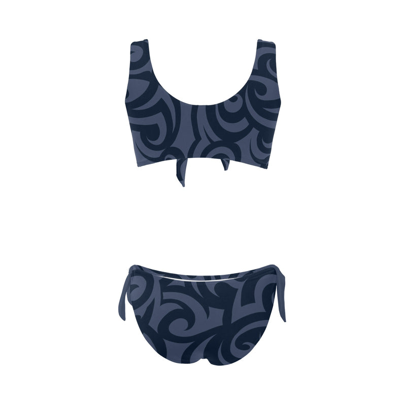 scroll blue print Bow Tie Front Bikini Swimsuit (Model S38) - Objet D'Art