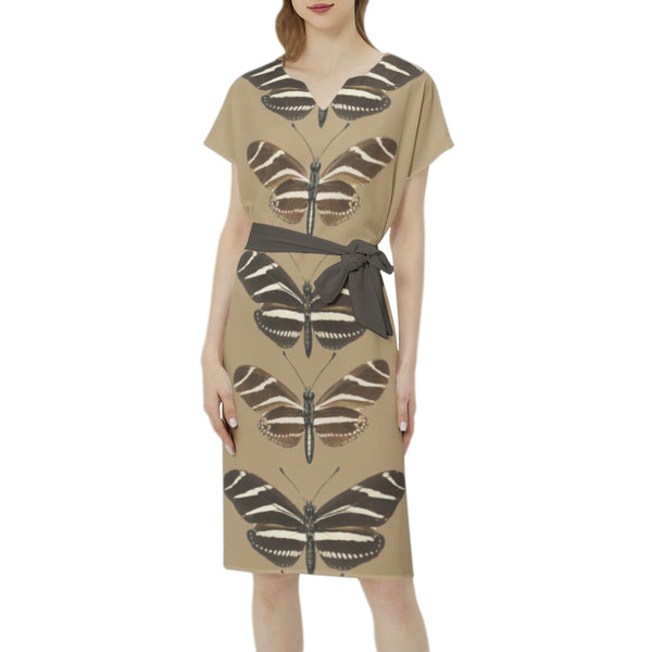 Heliconia Charitonia Batwing Sleeve Notch Neck Casual Dress with Belt - Objet D'Art