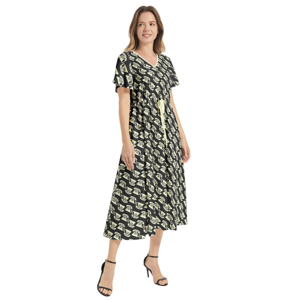 The Answer Flutter Sleeve Drawstring Waist Flared Dress - Objet D'Art