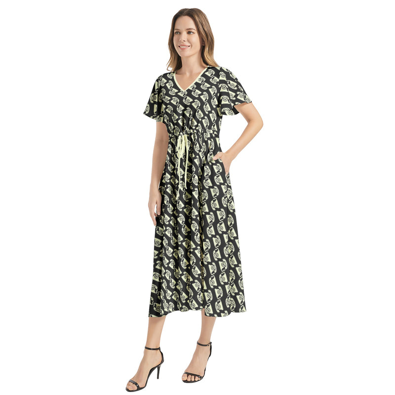 The Answer Flutter Sleeve Drawstring Waist Flared Dress - Objet D'Art