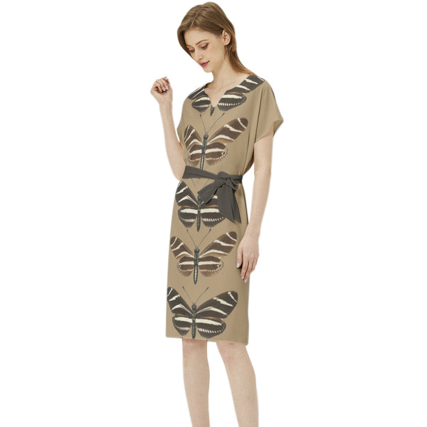 Heliconia Charitonia Batwing Sleeve Notch Neck Casual Dress with Belt - Objet D'Art