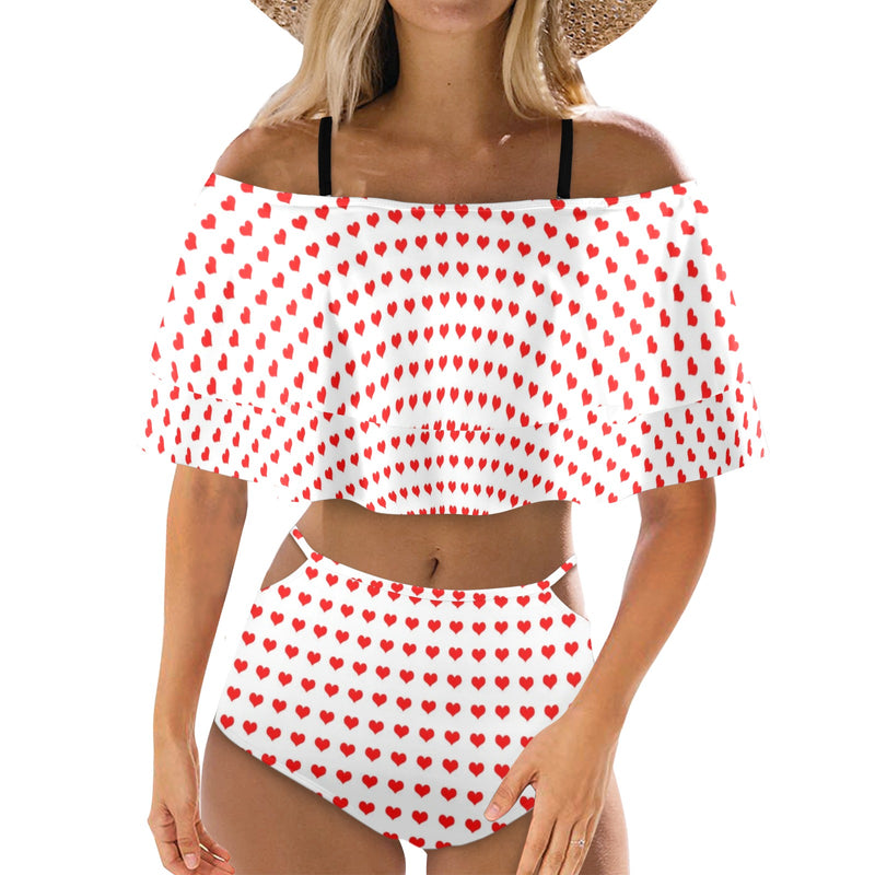 red hot hearts print Women's Ruffle Off Shoulder Bikini Swimsuit (Model S45) - Objet D'Art