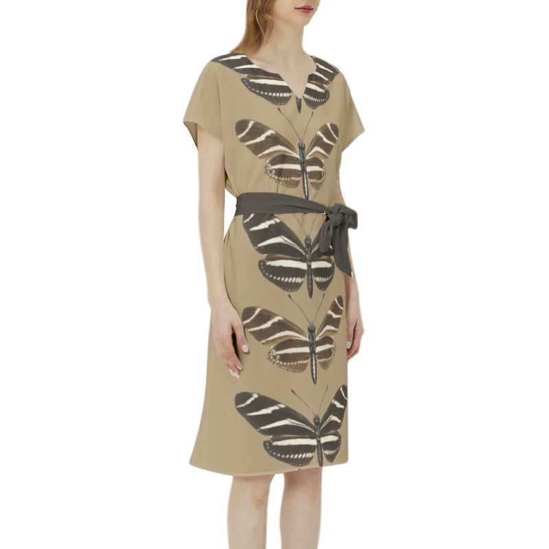 Heliconia Charitonia Batwing Sleeve Notch Neck Casual Dress with Belt - Objet D'Art