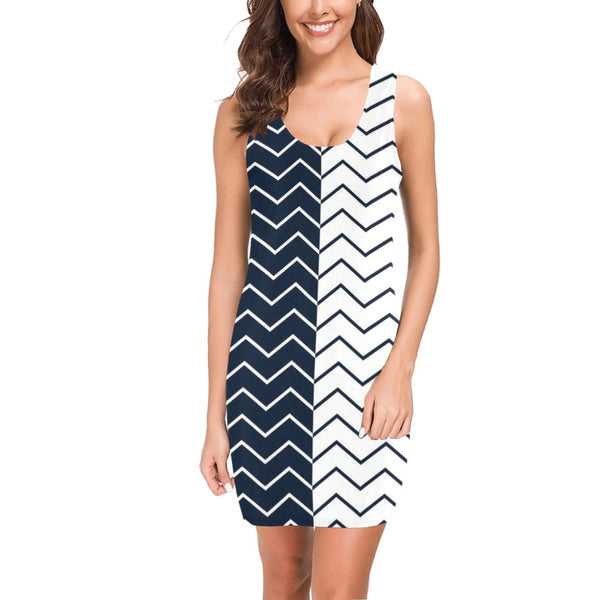 chevron blue and white print Medea Vest Dress (Model D06) - Objet D'Art