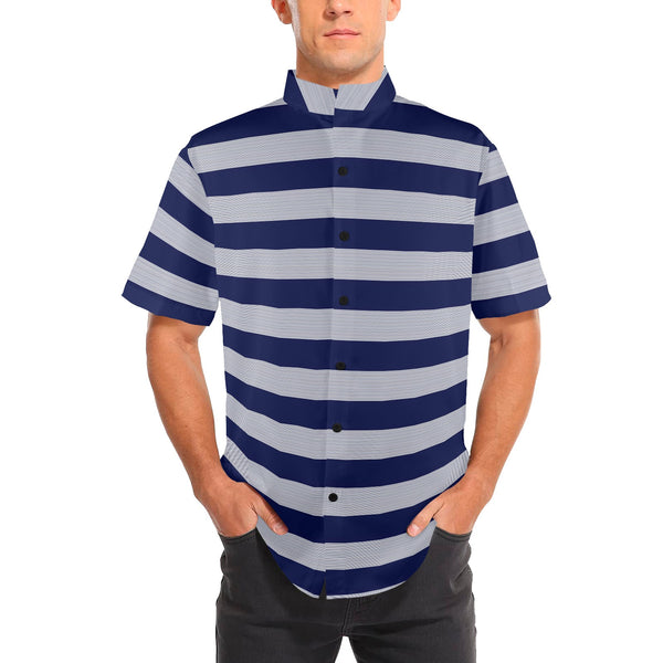 striped striped print Men's Stand-Up Collar Short Sleeve Shirt - Objet D'Art