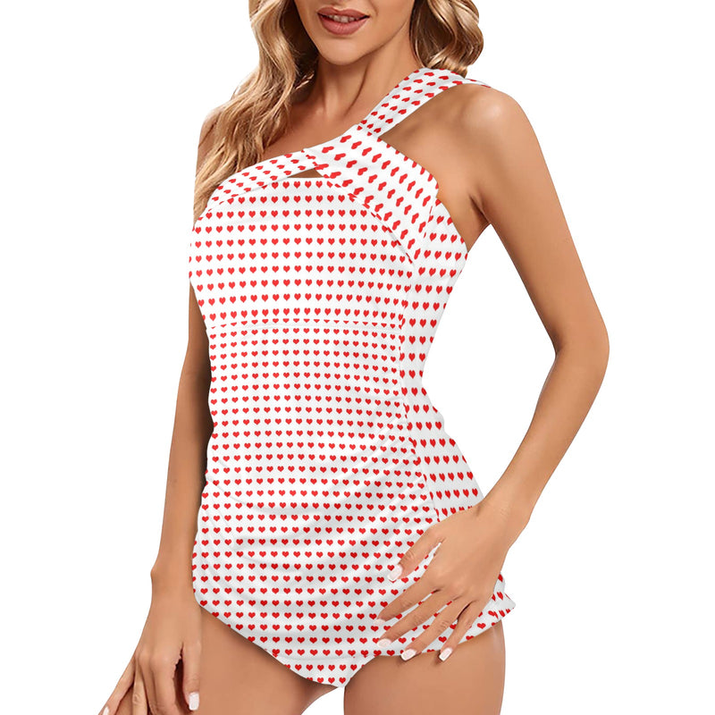 red hot hearts print Women's One Shoulder Backless Swimsuit (Model S44) - Objet D'Art