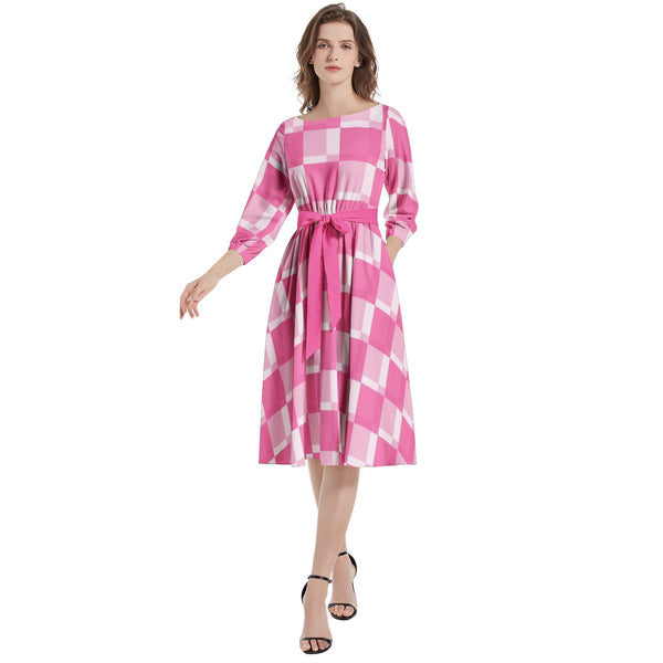 Boat Neck Belted Flared Dress - Objet D'Art