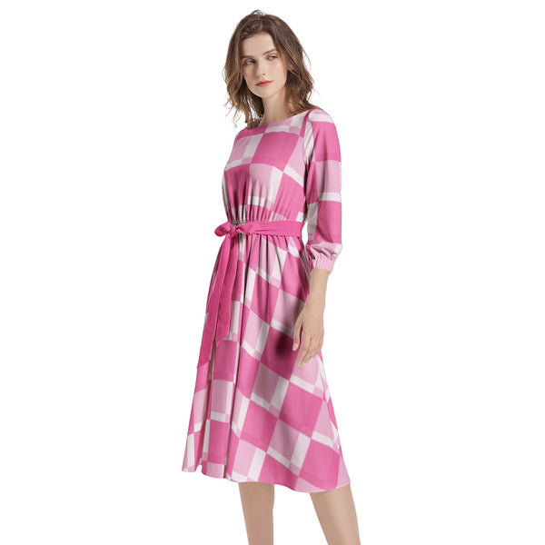 Boat Neck Belted Flared Dress - Objet D'Art