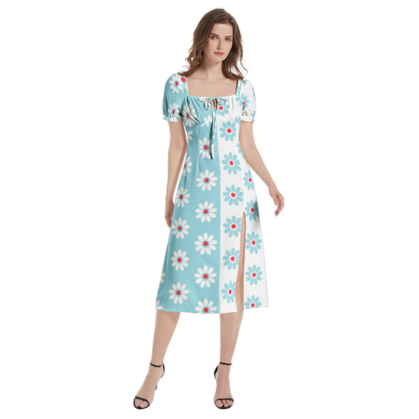 Two Tone Daisies Puff Sleeve Split Thigh Midi Dress - Objet D'Art