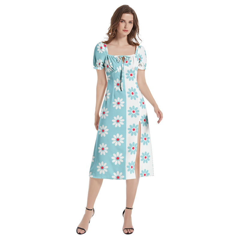 Two Tone Daisies Puff Sleeve Split Thigh Midi Dress - Objet D'Art
