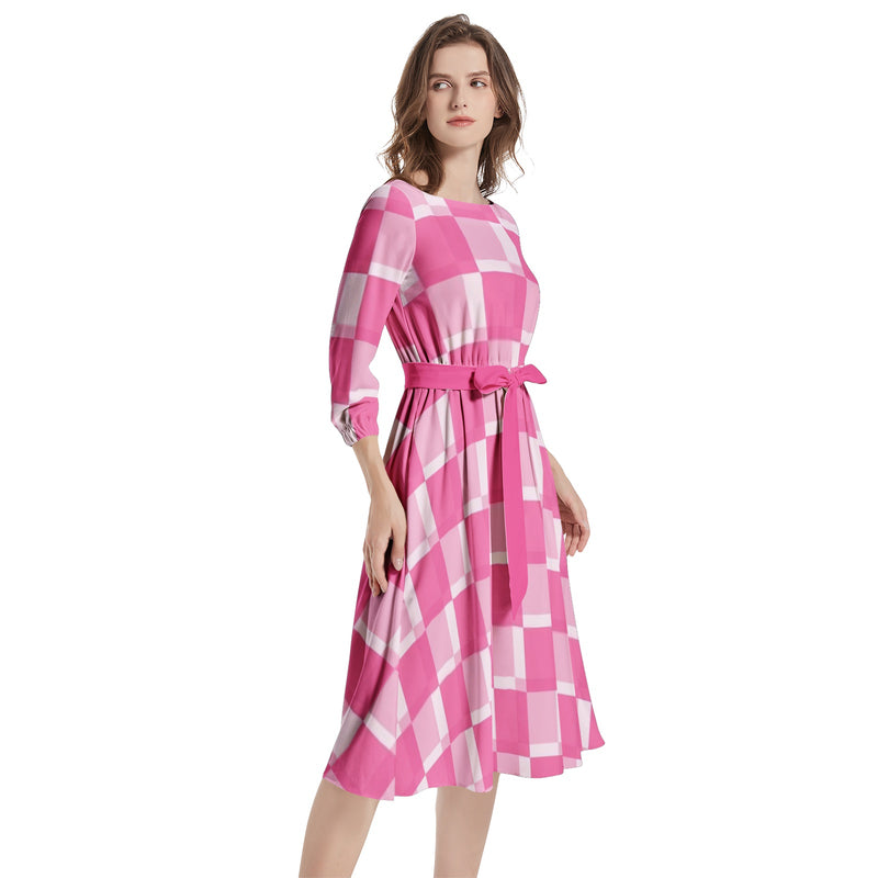 Boat Neck Belted Flared Dress - Objet D'Art