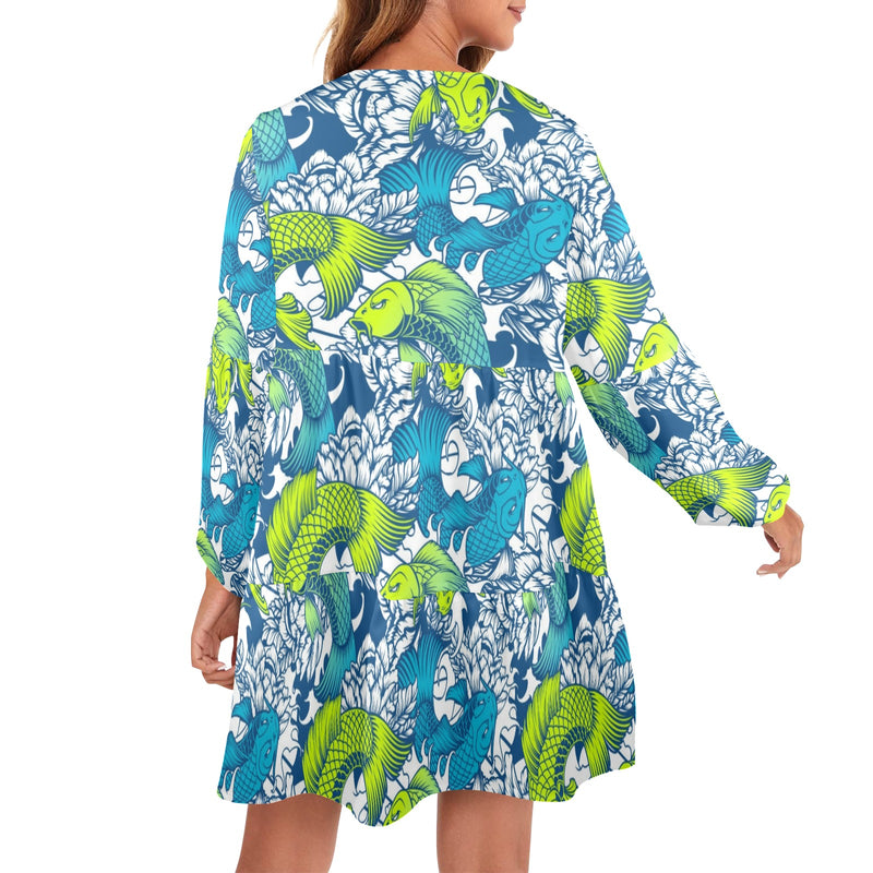 pisces neon green blue ombre print V-Neck Loose Fit Dress (Model D66) - Objet D'Art