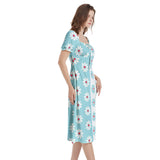 Two Tone Daisies Puff Sleeve Split Thigh Midi Dress - Objet D'Art