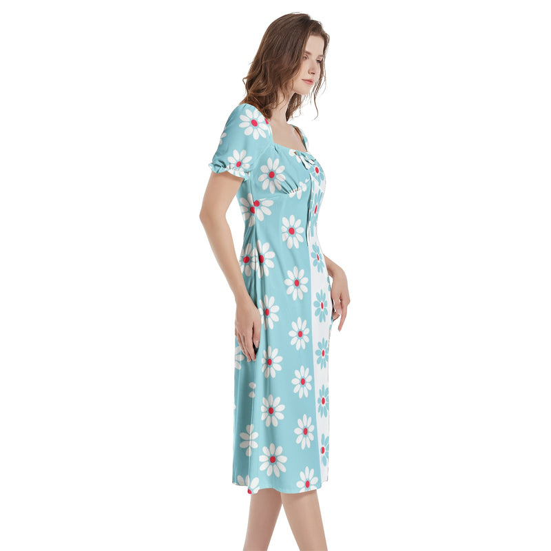 Two Tone Daisies Puff Sleeve Split Thigh Midi Dress - Objet D'Art