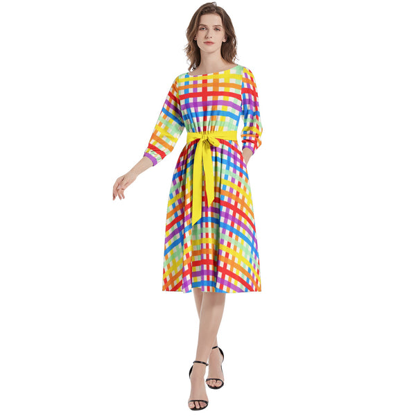 Boat Neck Belted Flared Dress - Objet D'Art