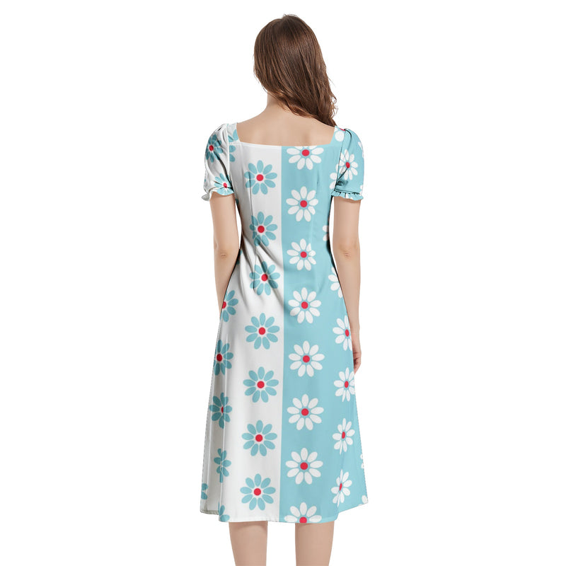 Two Tone Daisies Puff Sleeve Split Thigh Midi Dress - Objet D'Art