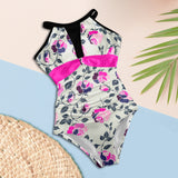 fuchsia solid print 6Q Women's High Neck Plunge Mesh Ruched Swimsuit (S43) - Objet D'Art