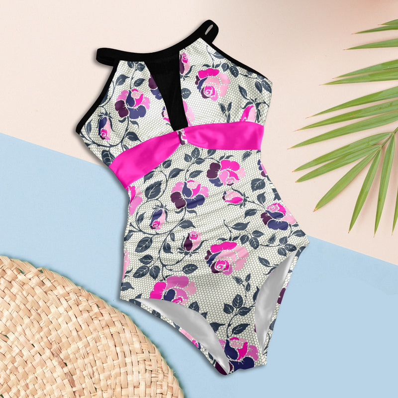 fuchsia solid print 6Q Women's High Neck Plunge Mesh Ruched Swimsuit (S43) - Objet D'Art