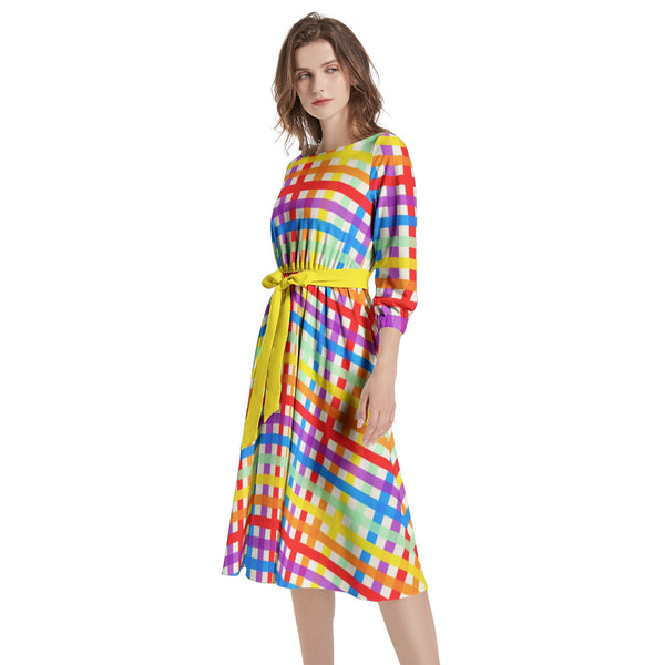 Boat Neck Belted Flared Dress - Objet D'Art