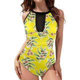 floral white stroke 9k Women's High Neck Plunge Mesh Ruched Swimsuit (S43) - Objet D'Art