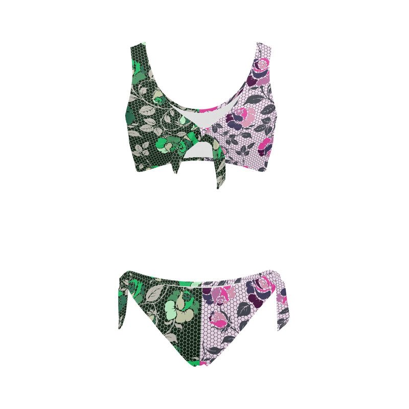 pink green rose print 4 Bow Tie Front Bikini Swimsuit (Model S38) - Objet D'Art
